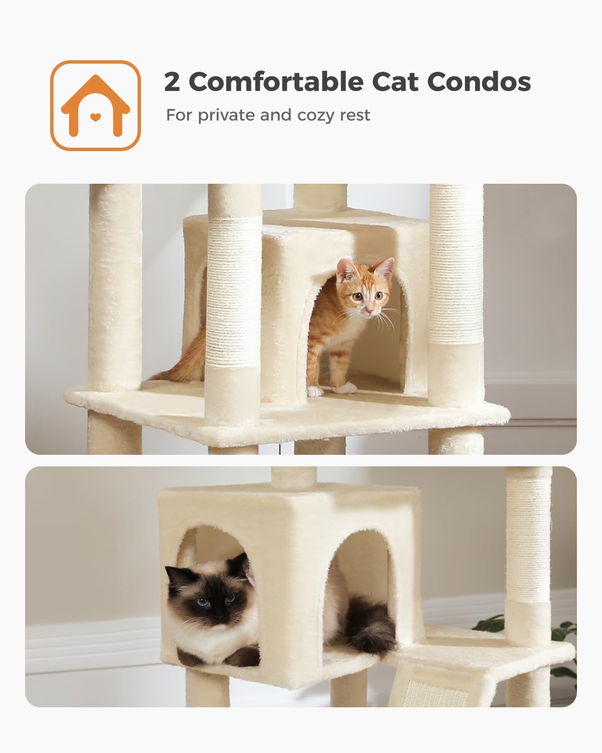 LEHOME 70 Inch Cat Tower, Tall Cat Tree with 2 Cozy Condos, 2 Plush Perch, Large Basket, 2 Scraching Pad & 6 Scraching Posts for Indoor Cats Large Adult, Beige
