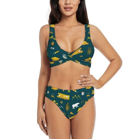 Zeuib Camping High Waisted Tummy Control Bikini Set - Knot Front Push Up Top & Cheeky Thong Bottom  Two-Piece Swimsuit for Women-Large