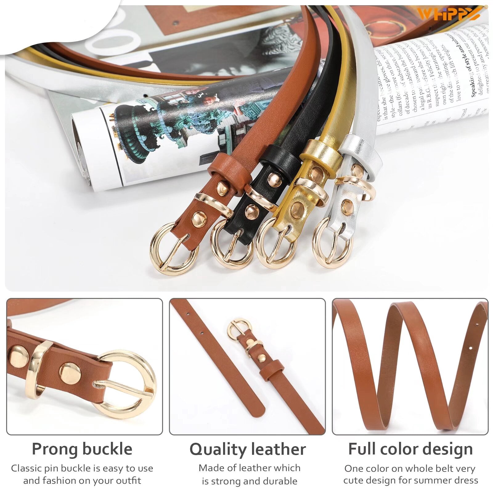 4272 Womens Belts For Jeans, Womens Leather Belt With Gold Buckle, Skinny 2 Pack Women Skinny Leather Belts for Jeans Pants Thin Faux  main image 4