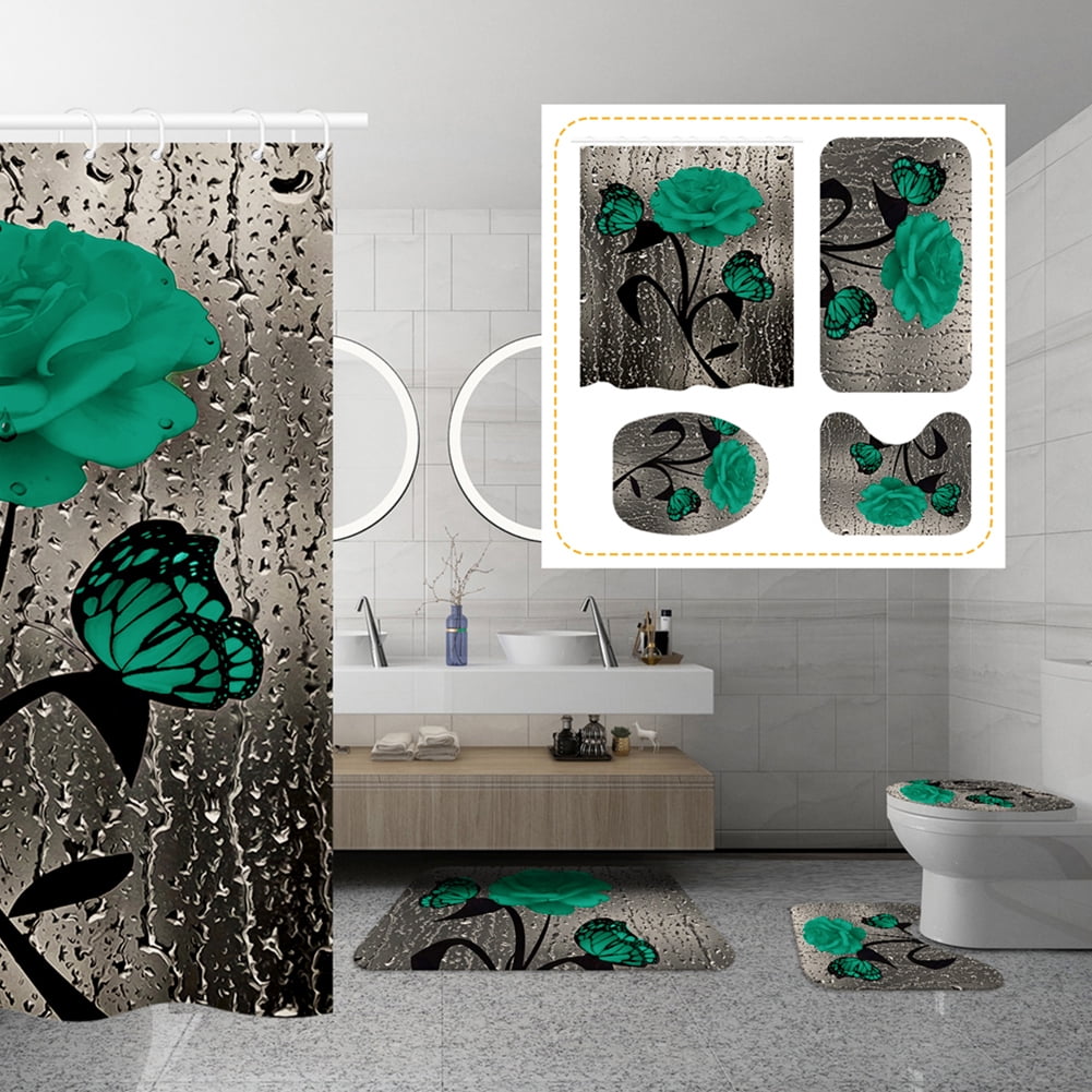 4 Pcs Bathroom Shower Curtain Set Green Rose Shower Curtain Bathroom Sets Valentine's Day Shower Curtain Sets with Rugs(Bath Mat,U Shape and Toilet Lid Cover Mat) and 12 Hooks