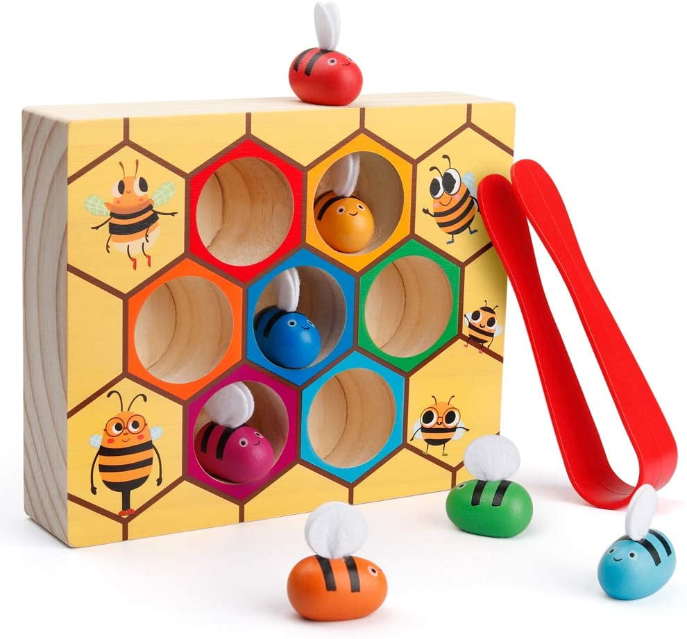 Lewo Fine Motor Skill Toy Clamp Bee to Hive Matching Game Wooden Color Sorting 