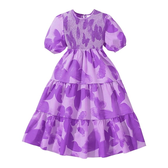 FINALGANG Girls Kids Floral Print Dress Puff Sleeve Crewneck Smocked Bodice Tiered Ruffle Hem Casual Dress For Summer Daily Wear Lovely Dress