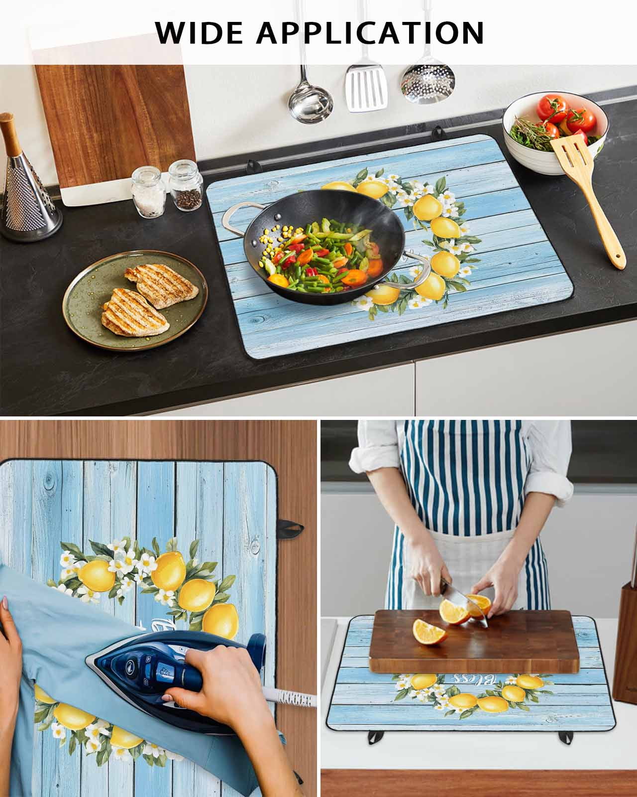 nqOlkjepod Large Induction Cooktop Protector Mat 36"x21", Lemon Wreath Stove Top Covers for Electric Stove, Farmhouse Blue Wooden Floral Decorative Stove Burner Cover Mats, Glass Top Stove Cover