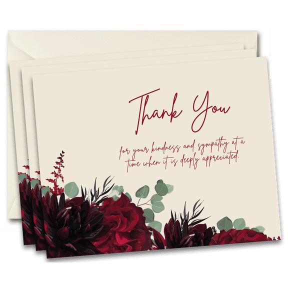 50 Funeral Sympathy Bereavement Thank You Cards With Envelopes (Red Floral)