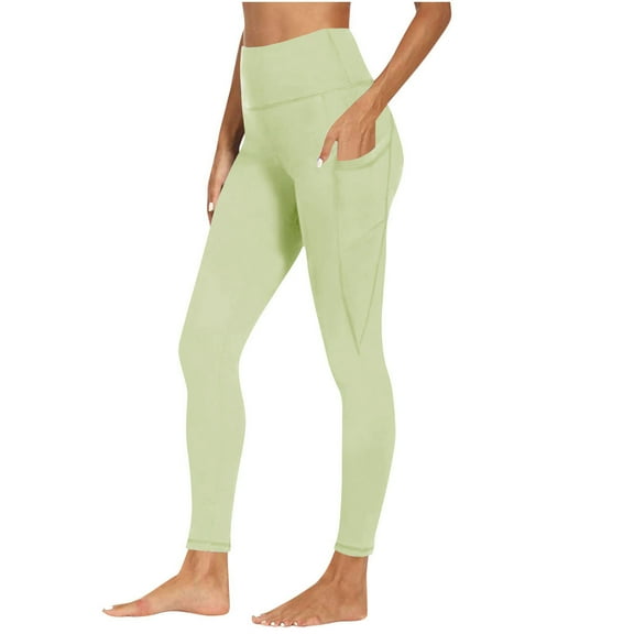dazeni Leggings with Pockets for Women Tummy Control Workout Running Yoga Leggings Solid High Waisted Jeggings Green XL