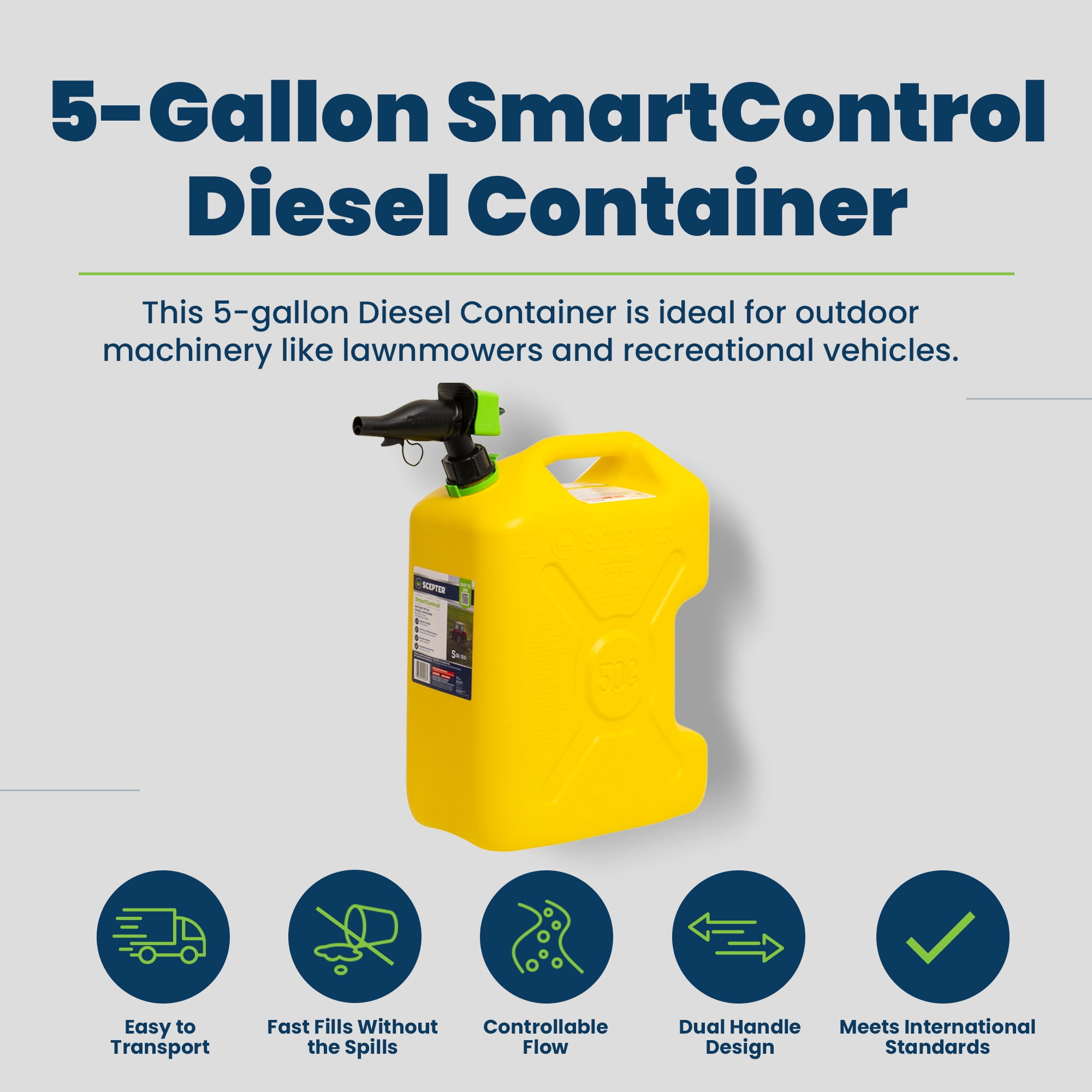 Scepter SmartControl Dual Handle Gas Container Jug, 5 Gallon Yellow
