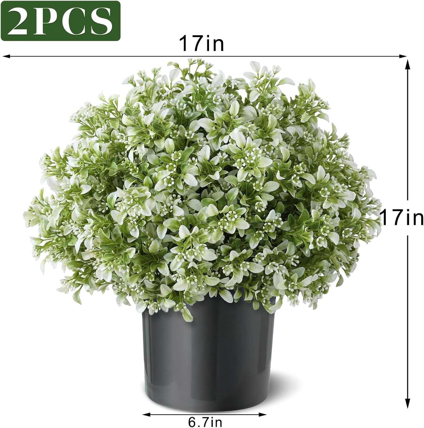 Set of 2 Artificial Boxwood Topiary Ball Trees for Front Door - Realistic Faux Aglaia Odorata Bush with Pot, Fake Eucalyptus Leaves Potted Plants for Porch Farmhouse Outdoor Decor (White-Green)
