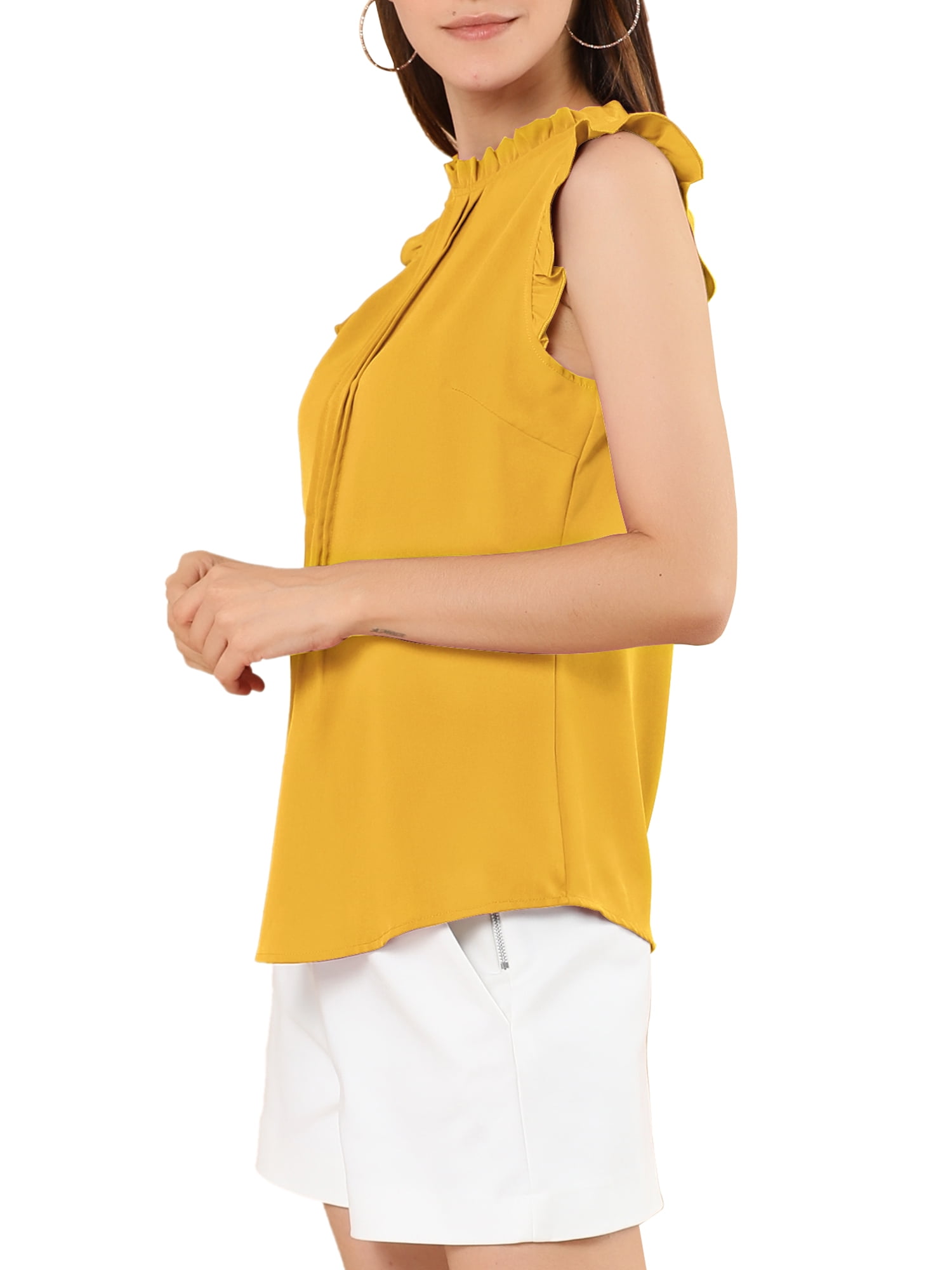 DARING DIVA Women's Ruffled Trim Pleated Plain Blouse Top S Yellow
