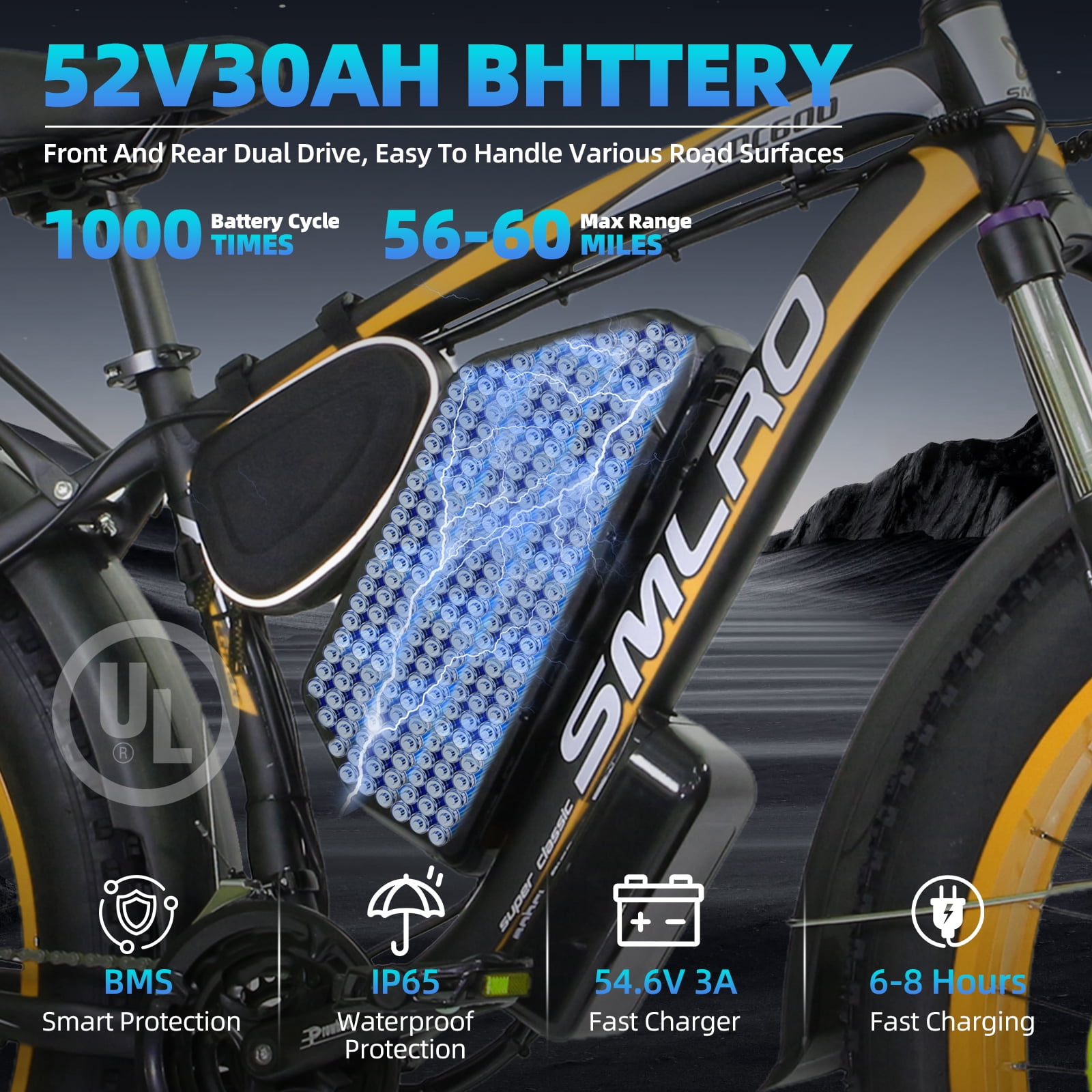 Electric Bike for Adults, 26x4.0 Fat Tire E-Mountain Bicycle, Peak 5000W Motor 52V-30Ah, Mountain Bike Beach Snow Ebike for Men, Yellow