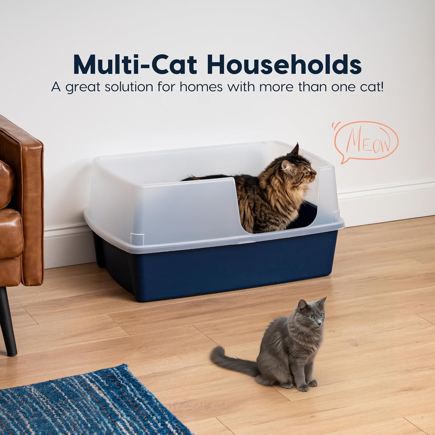 Miemie XX-Large Side Entry Cat Litter Box, Open Top Extra Large Litter Box for Big Cats and Multi-Cat Households, High Sided Scatter Shield, Easy to Clean, 30" L x 20" W x 14" H, Navy