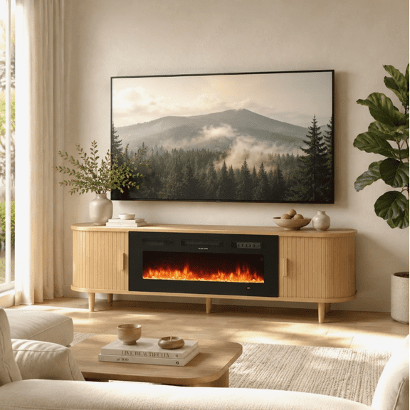 Easoger 80 inch Electric Fireplace TV Stand for 90 inch TVs, Modern Entertainment Center with Storage Shelves, Remote Control Adjustable Flame & Heat for Living Room,Oak