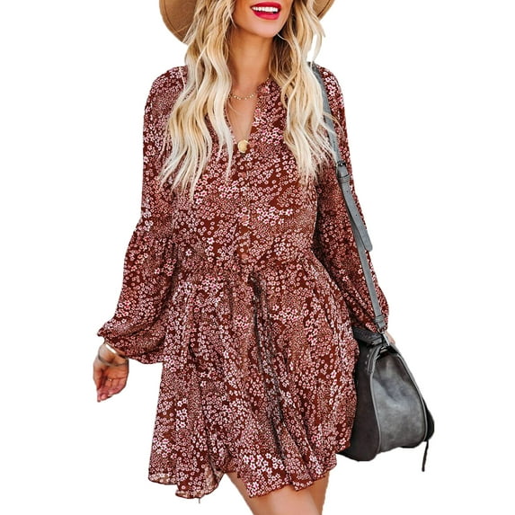 Asyoly Womens Dresses Boho Floral Print Ruffles Lantern Sleeve Button Down Swing Mini Dress Tie Waist Shirt Dresses