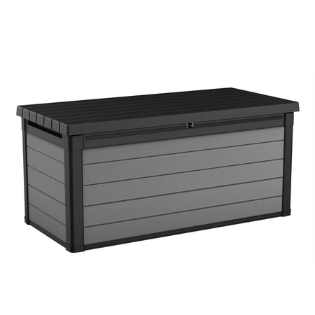 Keter Premier 150 Gallon Deck Box, Resin Outdoor Storage Box, Black and Gray Wood Look