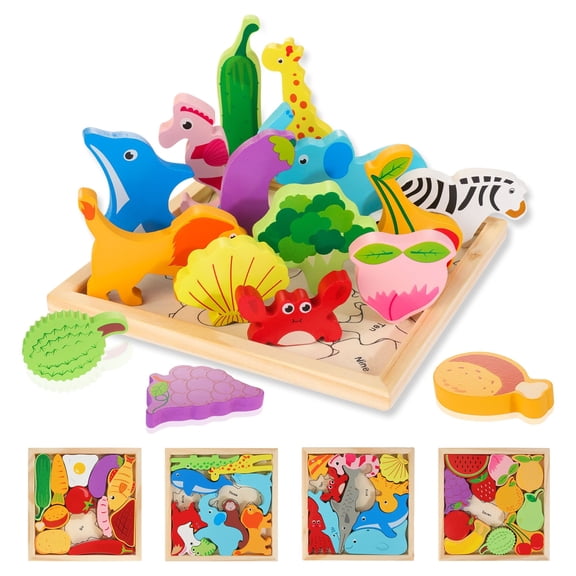 Wooden Puzzles for Kids, 4 Packs Montessori Learning Toy Gifts for Preschoolers Age 3 , 3D Multi-Theme Animals Fruits Food Jigsaw Puzzles for Boys & Girls