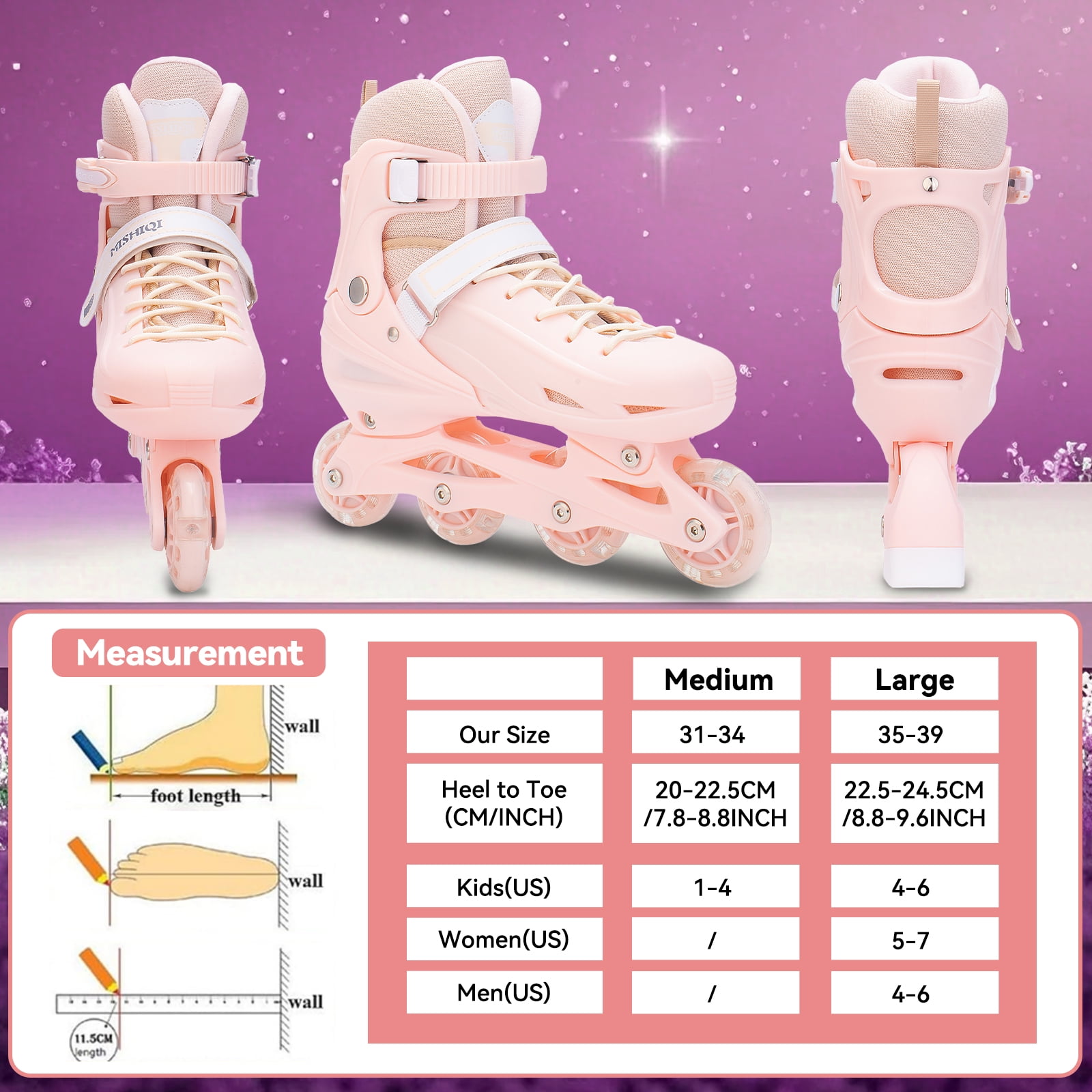 GIATUEE Adjustable Light up Kids Roller Skates for Boys Girls, Inline Skates with Bag, Pink(Large)