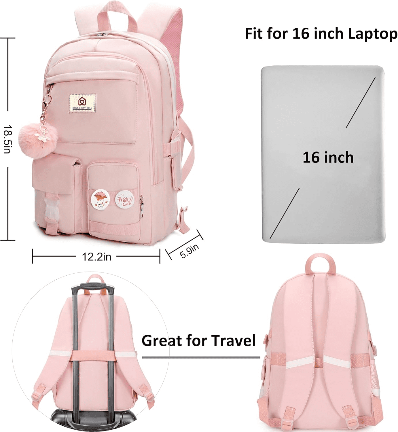 AO ALI VICTORY Laptop Backpack 15.6 inch College Backpack Large Schoolbag Anti Theft Travel Backpack Casual Daypack Schoolbag Teen Ladies (Pink)
