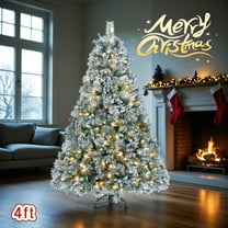 Tcbosik 4 ft Prelit Flocked Christmas Tree with Pine Cones and 150 Warm White LED Lights, Artificial Xmas Tree with Pine Needles & Eucalyptus Leaves, 404 Tips & Metal Stand, White Green