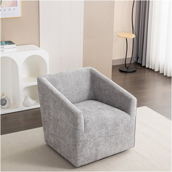 JERFIT Modern Chenille Fabric Swivel Barrel Chair with Padded Armrests, 360 Degree Rotating Accent Armchair for Living Room, Office, Gray