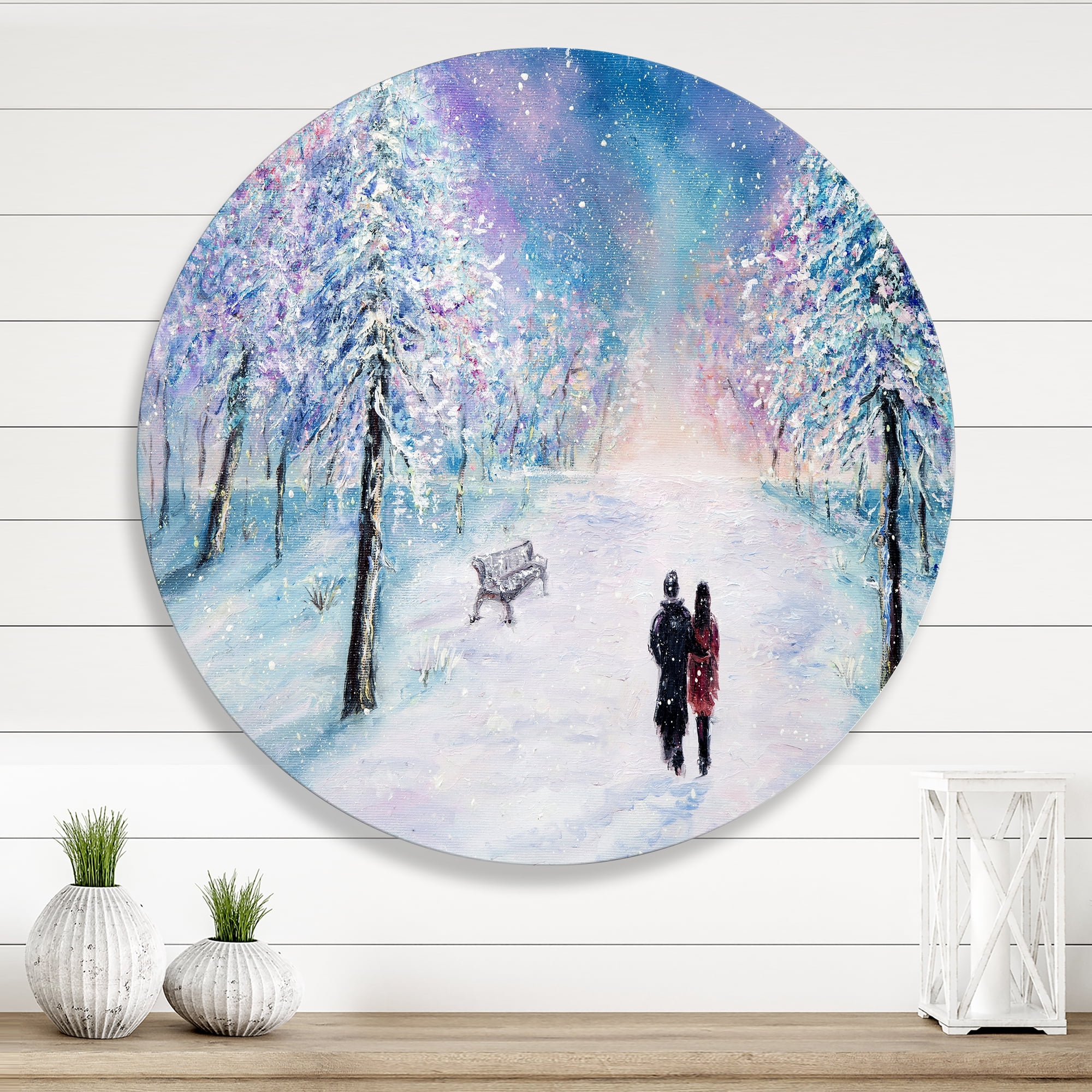 Designart 'Couple In Love Walks During Snowy Winter Times' Traditional Circle Metal Wall Art 23x23 - Disc of 23