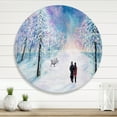 thumbnail image 2 of Designart 'Couple In Love Walks During Snowy Winter Times' Traditional Circle Metal Wall Art 23x23 - Disc of 23, 2 of 5