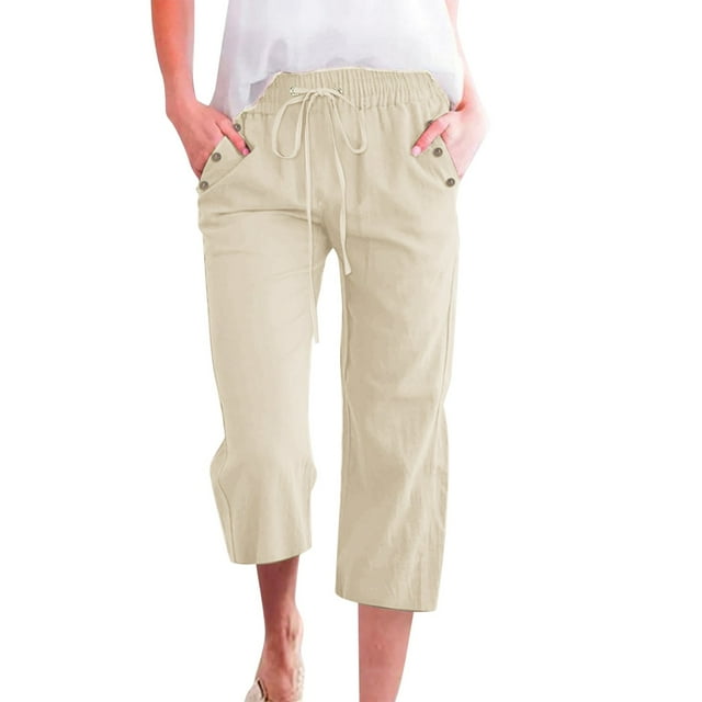 Pantalon Ample en Lin Uni pour Femmes, 7/8, avec Poches