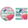 Flamingo Birthday Party Dessert Plates (16) and Lunch Napkins (16) Bundle