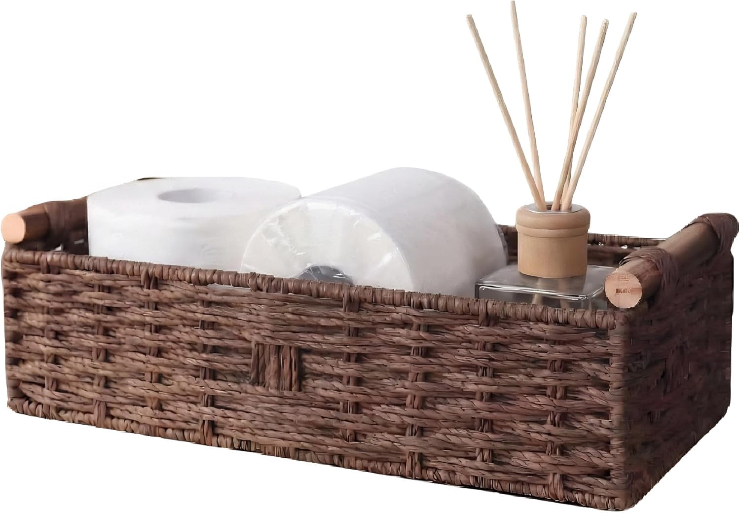 RGHJAR-Back of Toilet Basket with Wood Handles, Brown Wicker Toilet Paper Basket for Toilet Tank Top, Narrow Toilet Tank Basket, Bathroom Basket Organizer for Wipes & Essentials