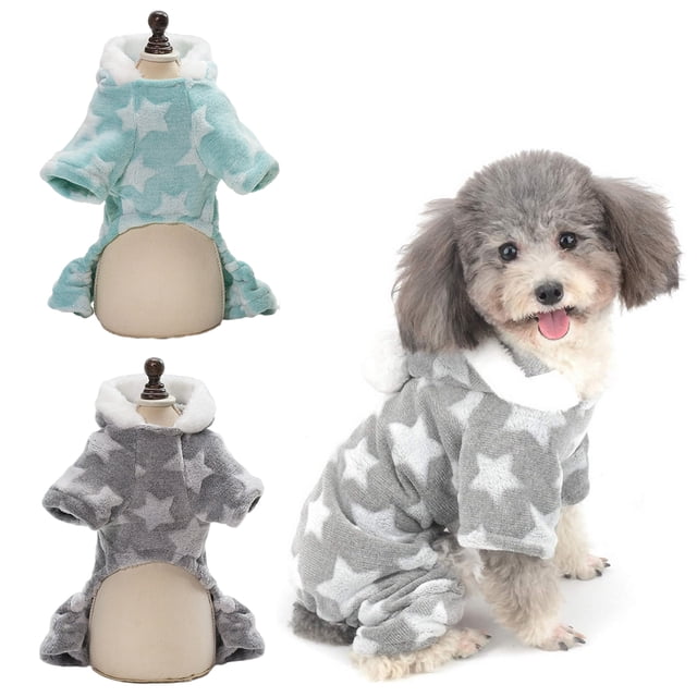 Paquete de 2 pijamas para perros pequeños, mono general, pijama con capucha de forro polar de invierno para cachorros con chaqueta de 4 patas, ropa de abrigo (verde + gris)