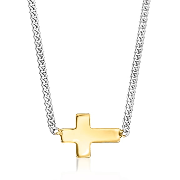Pure Collection by Ross-Simons Italian 14kt Yellow Gold Sideways Cross and Sterling Silver Curb-Link Necklace, Women's, Adult
