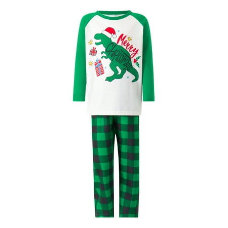 

Nituyy Christmas Family Matching Pajamas Cartoon Dinosaur Print Long-Sleeved Tops + Elastic Waist Plaid Pattern Trousers