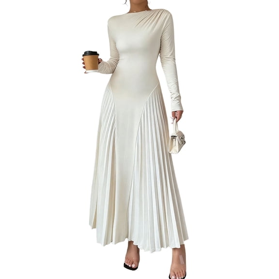 TIHLMK Women's Long Sleeve Crew Neck Bodycon Dresseses Shirred Waist with Pleated Maxi Skirt