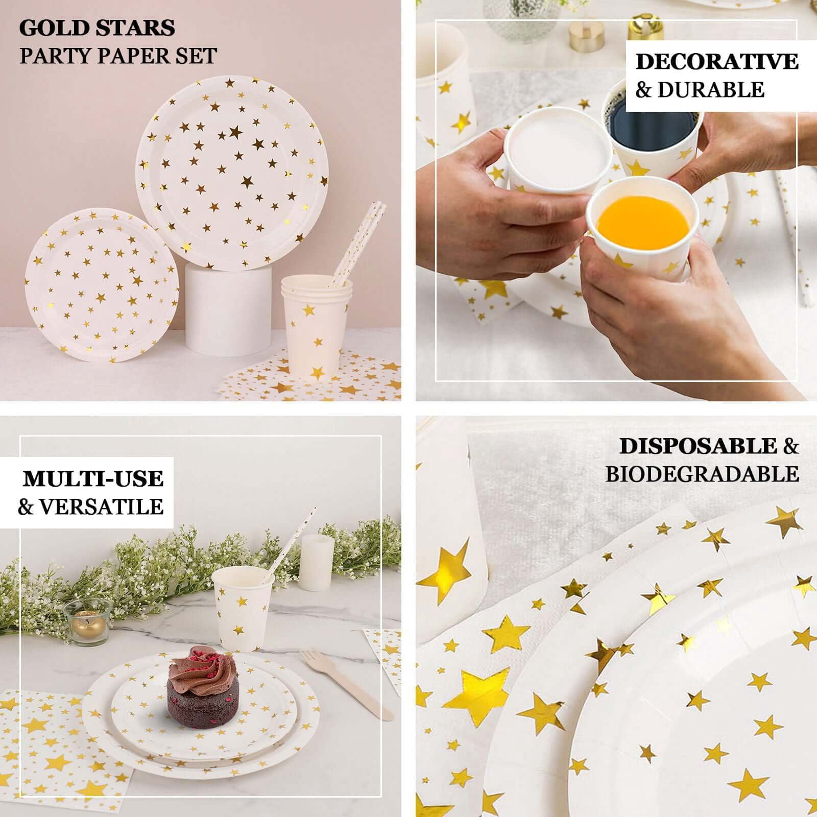 Efavormart 120 Pcs White/Gold Stars Disposable Party Supplies Kit, Paper Plates Cups Napkins Tableware Combo Pack