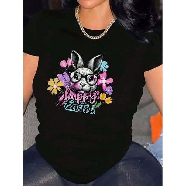 Camiseta estampada 100 % algodón para mujer, de manga corta y cuello redondo, para uso diario informal, 1 pieza, camiseta de ocio.