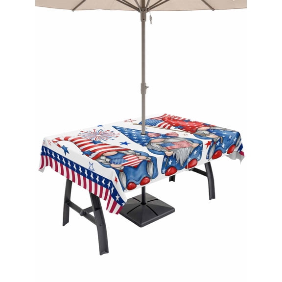Outdoor Tablecloth with Umbrella Hole for Patio/Picnic/Party/Camping, 4th of July Waterproof Table Cloth Rectangle Table Cover Washable, Red Blue Gnomes Independence Day Stars Striped (60"x 120")