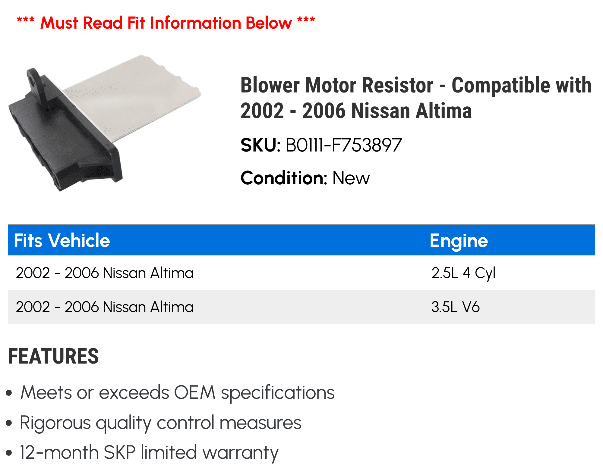 Blower Motor Resistor - Compatible with 2002 - 2006 Nissan Altima 2003 2004 2005