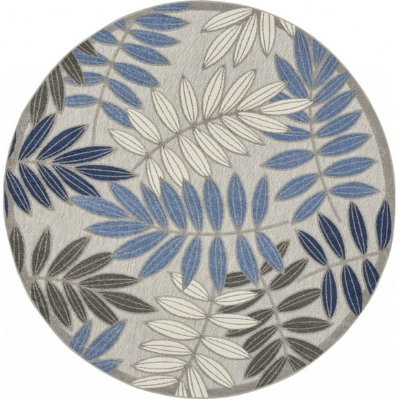 homeroots outdoor 384876 8’ Round Gray and Blue Leaves Indoor Outdoor Area Rug