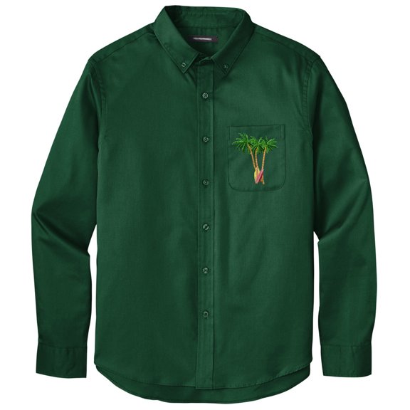 Men's PALM TREES with SURFBOARDS PATCH Twill Shirt with Pocket, Small Dark Green
