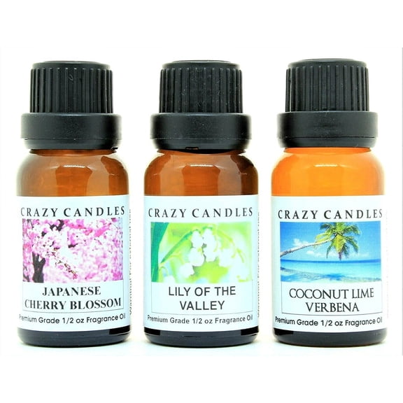 Crazy Candles 3 Bottles Set, 1 Japanese Cherry Blossom, 1 Coconut Lime Verbena, 1 Lily of The Valley 1/2 fl oz Each (15ml) Premium Grade Scented Fragrance Oils