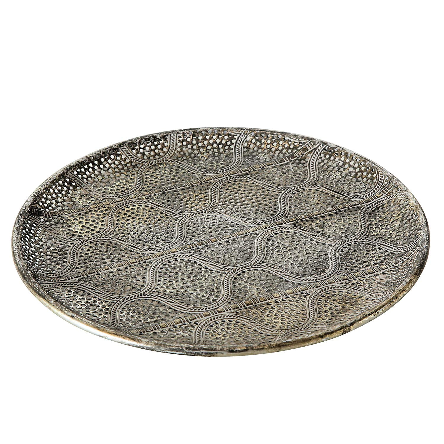 Ikat Lattice Round Metal Tray, Decorative Metal Serving Organizer, Rustic Grey Patina, Tarnished