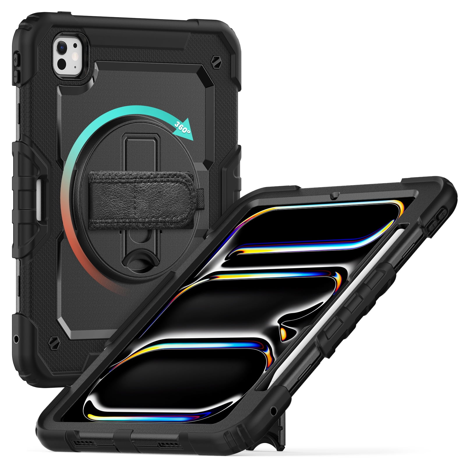 Allytechgroup Rugged Shockproof Case for Apple iPad Pro 11 Inch M4 2024, [Build in Screen Protector] Protective Hand Strap Kickstand [Shoulder Strap] Pencil Holder Kids Friendly Case Cover,Black
