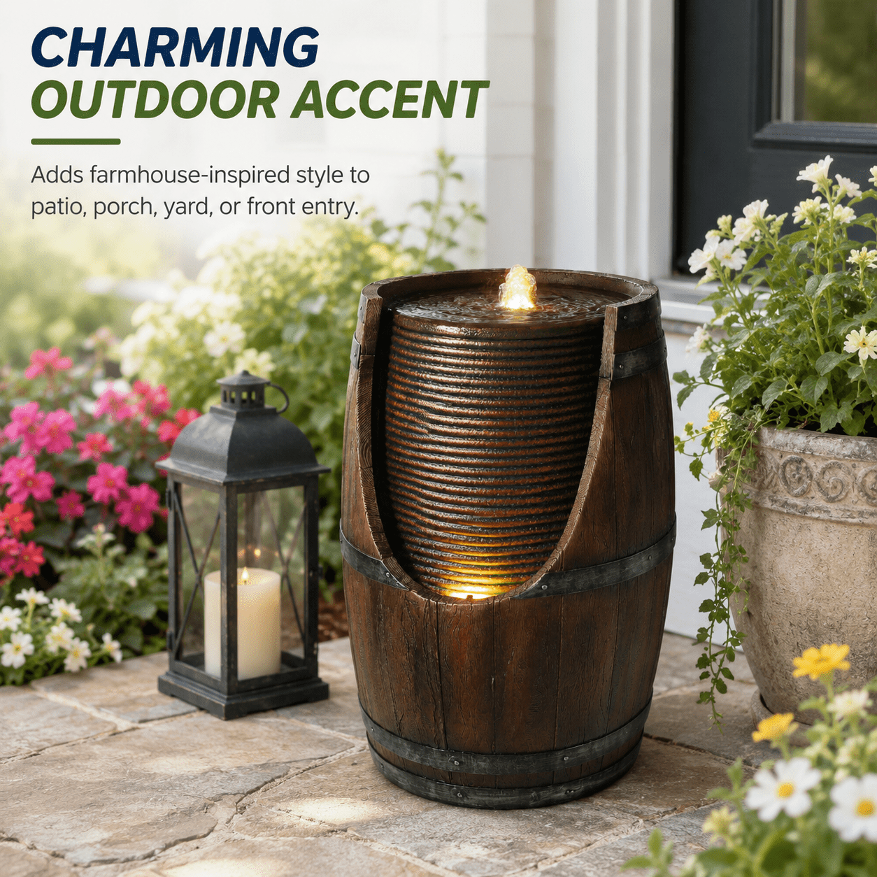 Aukfa Farmhouse Barrel Outdoor Water Fountain with LED Lights for Patio Garden Yard,Brown
