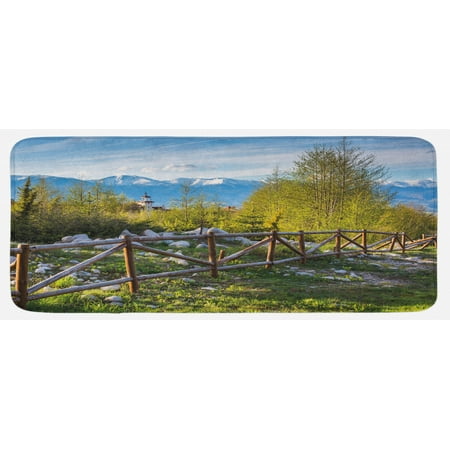 

Farmland Kitchen Mat Idyllic Scene with Tree Trunk Plank and Snow Mountain Range the Alps Photo Plush Decorative Kitchen Mat with Non Slip Backing 47 X 19 Green Blue by Ambesonne