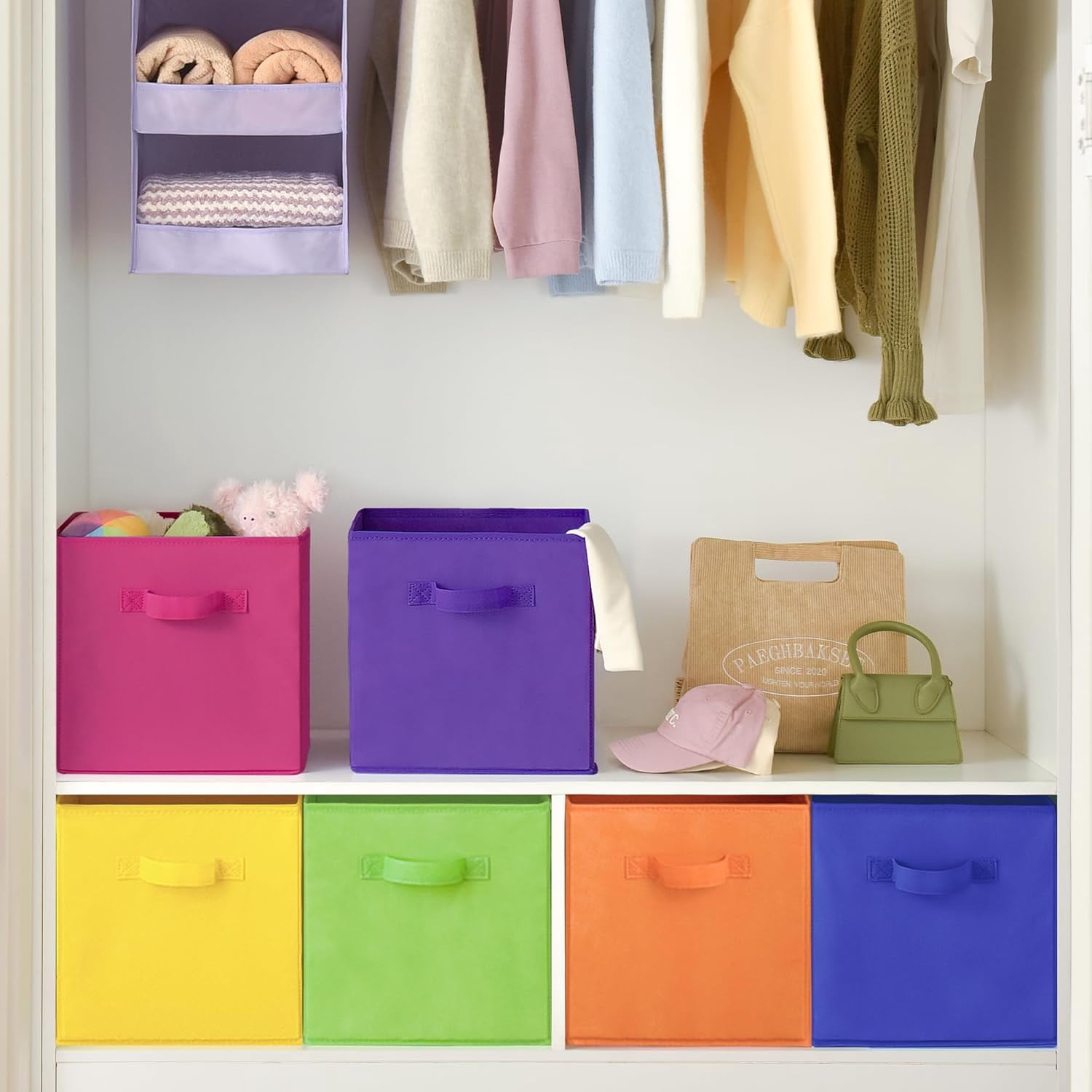 GRANNY SAYS 13 Inch Cube Storage Bins, Fabric Storage Baskets with Handles, Collapsible Cube Organizer for Shelves and Closet, 6-Pack, Rainbow