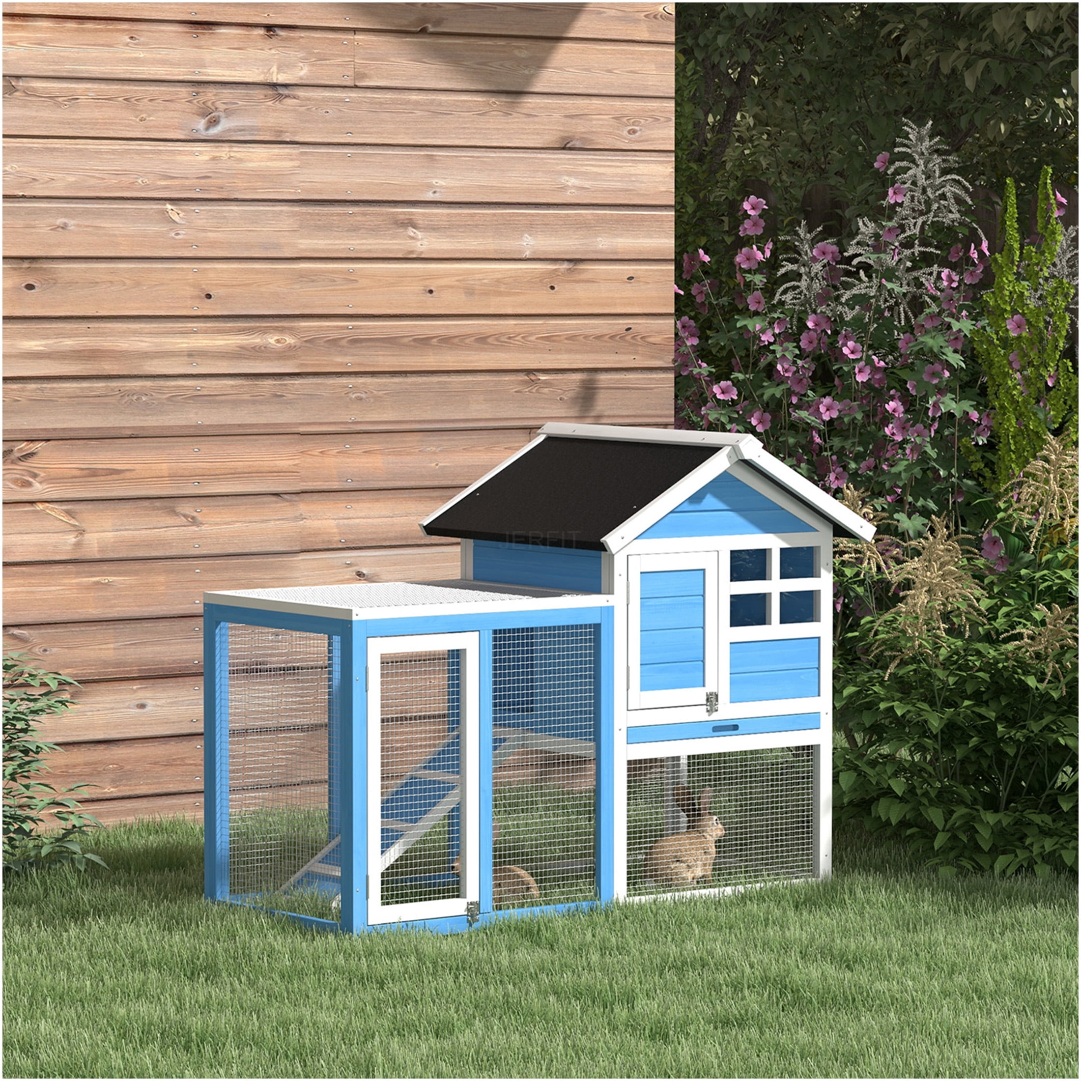 JERFIT 48 Inch Outdoor Rabbit Hutch with Waterproof Roof, Open Run Area, Removable Tray, Wooden Bunny Cage House for Rabbits and Small Animals, Blue