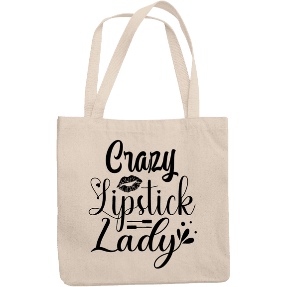 12oz Canvas Tote Bag - Crazy Lipstick Lady with Liquid Lipstick Applicator & Smooch Design - Beauty Themed Merch for Makeup Artist or Cosmetologist, Gift for Makeup Lovers & Beauticians