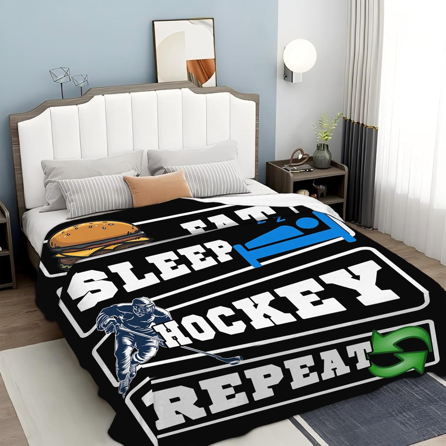 Ice Hockey Blanket for Boys Girls Flannel Eat Sleep Hockey Throw Blanket Ultra Soft Cozy Fleece Sports Decor Blankets Gift for Womens Mens Couch Sofa Bed 50" x 40"