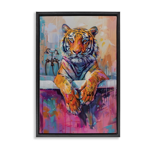 Stupell Industries Eclectic Bathing Tiger in Bright Tub Black Floating Frame Canvas Art, 17 x 25, by LSR Design Studio