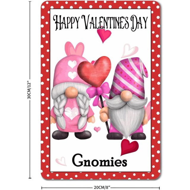 Feliz Día de San Valentín Lindos Gnomos con Corazón Letreros Metálicos Vintage Decoración del Hogar Letrero de Metal Placa de Pared 12x8