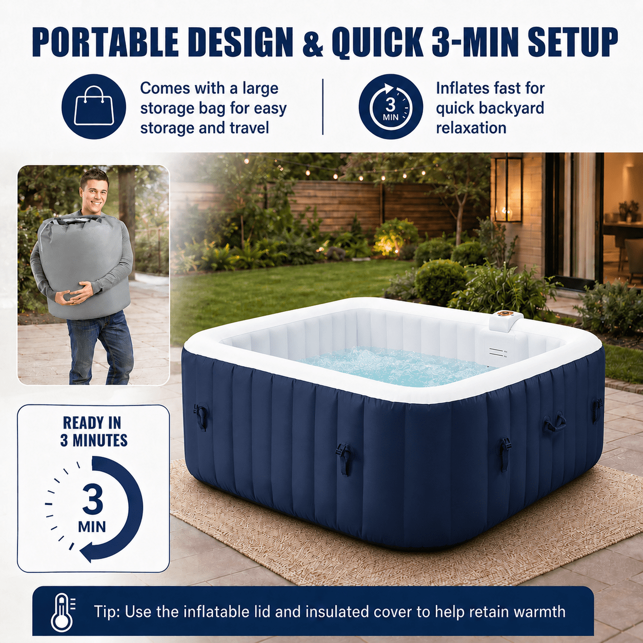 Seizeen Inflatable Hot Tub, 4-6 Person Hot Tub Set, 73'' Square Portable Home Spa w/130pcs Jet, Lockable Cover, Storage Bag, 2 Cup Holders, 4 Replacement Filter, 240gal