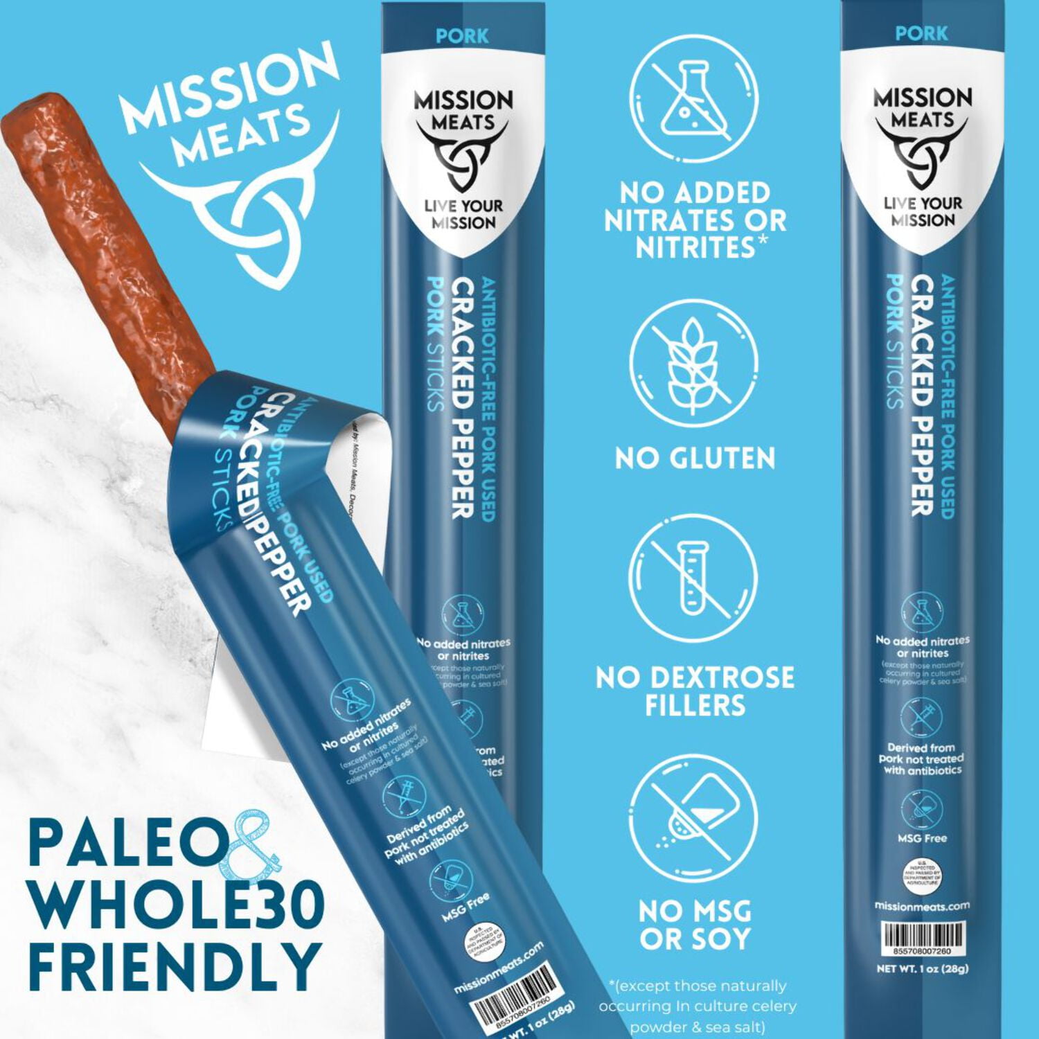 Mission Meats Cracked Pepper Pork Meat Sticks – Healthy Snacks for Kids & Adults, Sugar Free, AIP Friendly, Paleo, Whole 30, 1oz (Pack of 12)